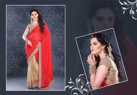 Pazaar Mohini Red & Papaya Faux Georgette & Net Embroidered Saree
