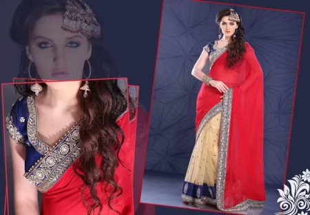 Pazaar Mohini Crimson Red & Yellow Faux Georgette & Net Embroidered Saree