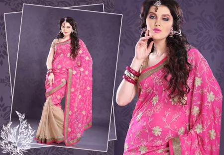 Pazaar Mohini Hot Pink & Papaya Chiffon Foil Georgette Embroidered Saree