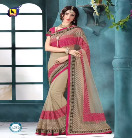 Shringar Cream & Pink New Fancy Net Saree