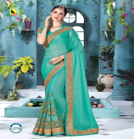 Shringar Aqua Blue New Fancy Net,Crush Georgette Saree