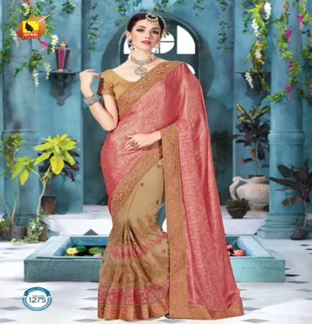 Shringar Light Coral,Cream New Fancy Georgette Net Saree