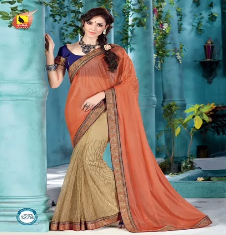 Shringar Coral Cream New Fancy Lacyra Net Saree