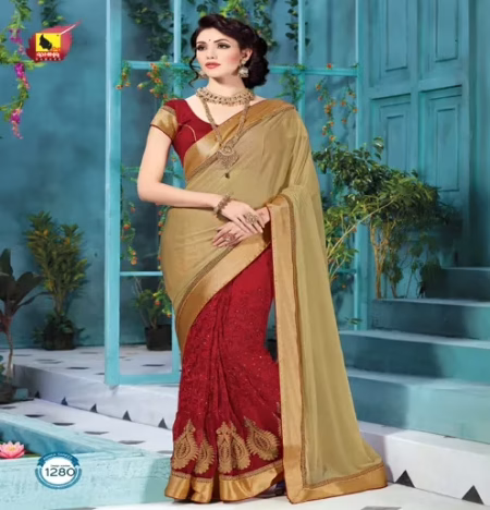 Shringar Cream & Red New Fancy Lacyra Net Saree