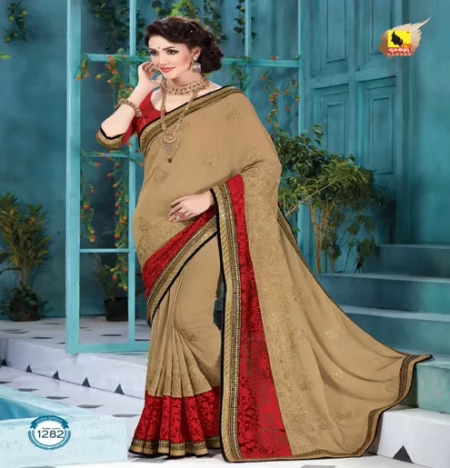 Shringar Creem & Red New Fancy Georgette Net Saree