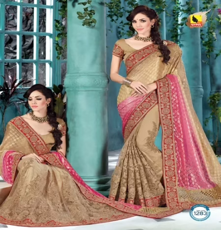 Shringar Cream & Pink New Fancy georgette Net Saree