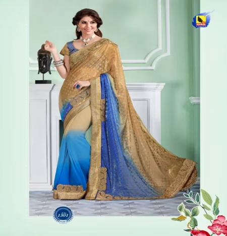 Sayna 2 Cream Blue New Fancy Chiffon Saree
