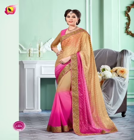 Sayna 2 Deep Pink,Green New Fancy Georgette Chiffon Saree
