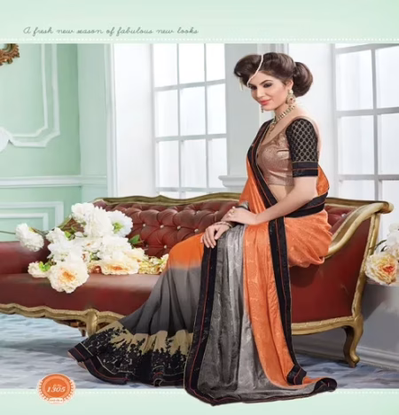 Sayna 2 Coral,Grey New Fancy Jacquard Crepe,Chiffon Saree