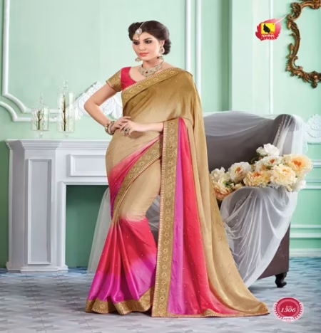 Sayna 2 Cream,Deep Pink New Fancy Jacquard Crepe Saree