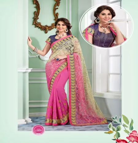 Sayna 2 Cream Pink New Fancy Net,Georgette Saree