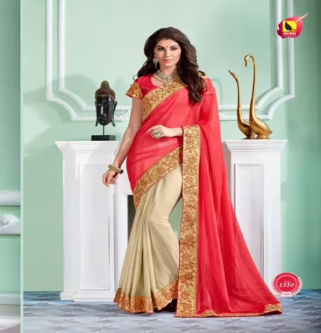 Sayna 2 Red,Cream New Fancy Satin Chiffon,ChiffonSaree
