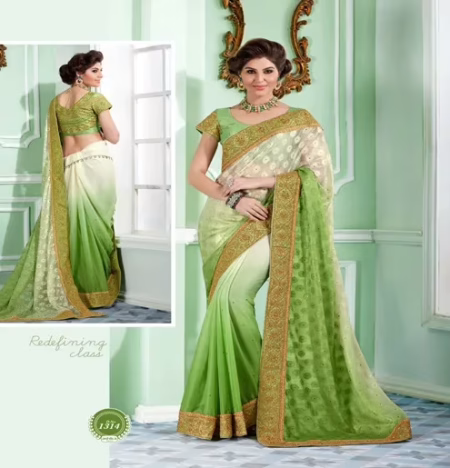 Sayna 2 Off White,Green New Fancy Georgette Chiffon Saree