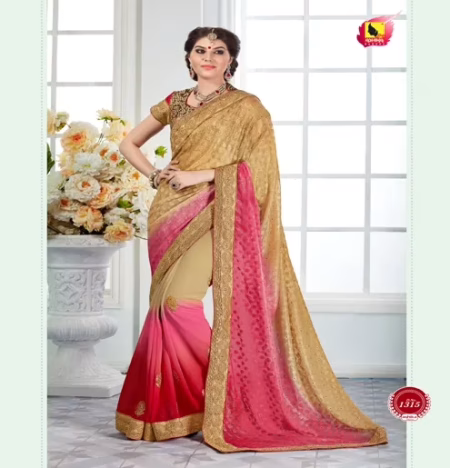 Sayna 2 Deep Pink,Cream New Fancy Georgette Chiffon Saree