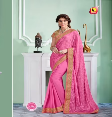Sayna 2 Hot Pink New Fancy Satin Chiffon Chiffon Saree