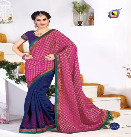 Kangana Navy Blue & Pink Dupion Silk Saree