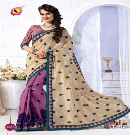 Kangana Cream & Pink Dupion Silk Saree
