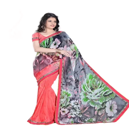 Rock-Fashion Red Weightless Printed Work Saree