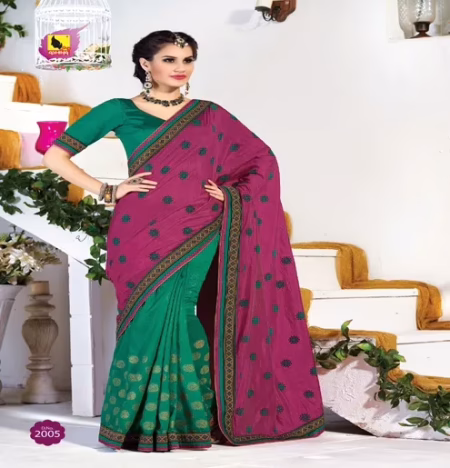 Kangana Pink & Green Dupion Silk Saree