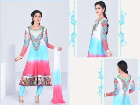 Pazaar Kaanchi Off White & Aqua Blue Embroidered Anarkali Salwar Kameez