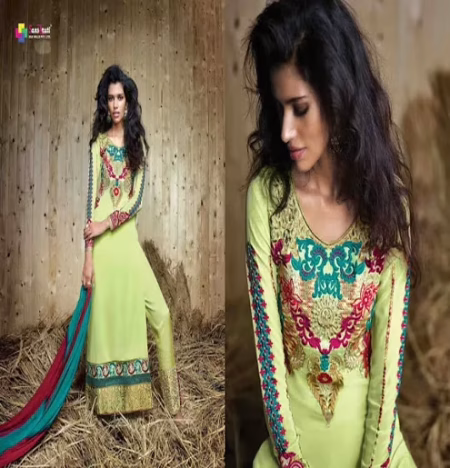 Hi-Fashion Sea Green Embroidered Straight Suit