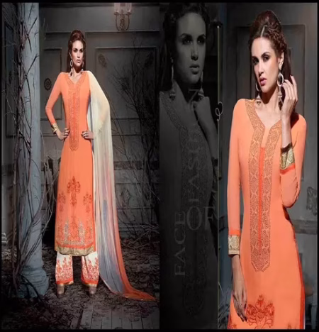 Hi-Fashion Peach Embroidered Straight Suit