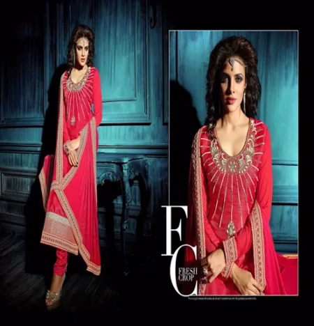 Hi-Fashion Embroidered Red Designer Straight Suit