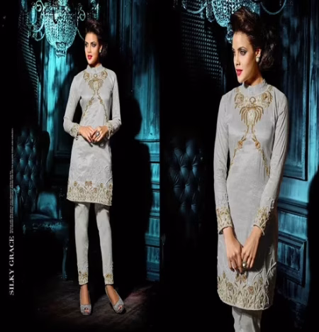 Hi-Fashion Embroidered Grey Designer Straight Suit