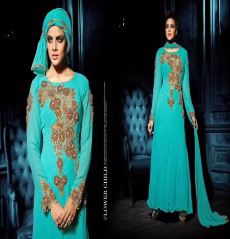Hi-Fashion Embroidered Aqua Designer Straight Suit