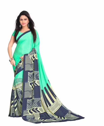 Hi-Fashion Sea Green Crepe Print Work Saree