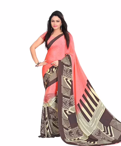 Hi-Fashion Salmon Crepe Print Work Saree