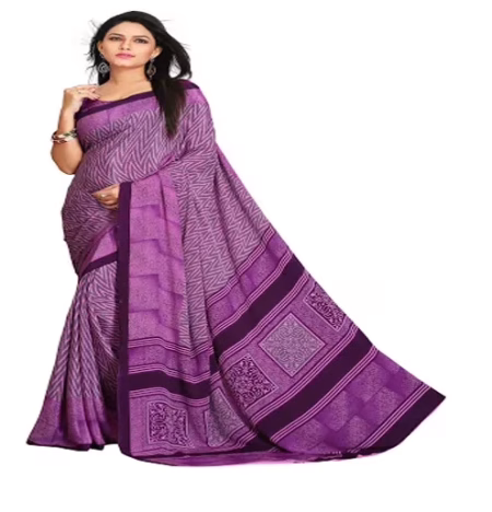 Hi-Fashion Violet Crepe Print Work Saree