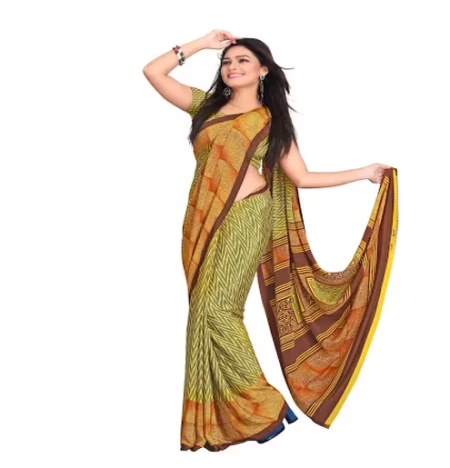 Hi-Fashion Yellow Crepe Print Work Saree