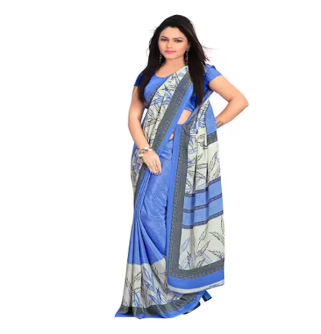 Hi-Fashion Blue Crepe Print Work Saree