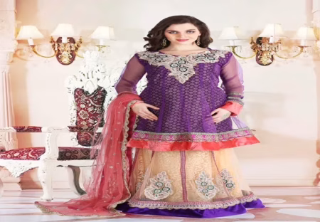Pazaar Rangoli Amethyst Violet and Peach Yellow Embroided Lehenga Choli