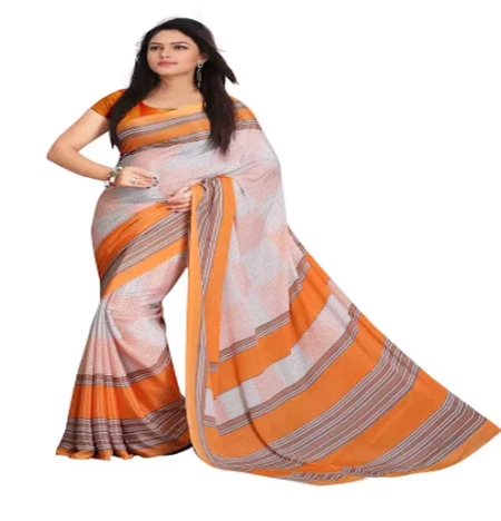 Hi-Fashion White Crepe Print Work Saree