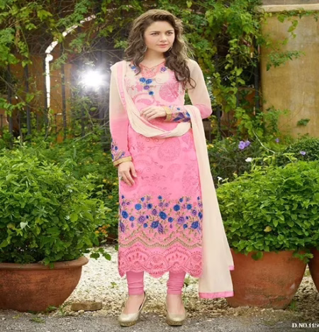 Hi-Fashion Pink Embroidered Semi Stitched Straight Suit