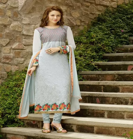 Hi-Fashion Grey Embroidered Semi Stitched Straight Suit