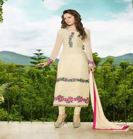Hi-Fashion Cream Embroidered Semi Stitched Straight Suit