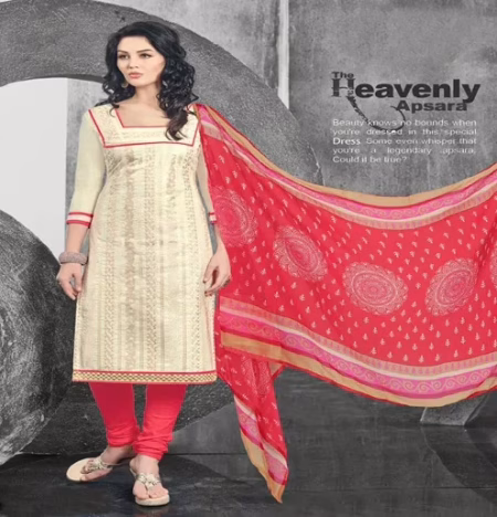 Hi-Fashion Cream & Red Embroidered Churidar Suit