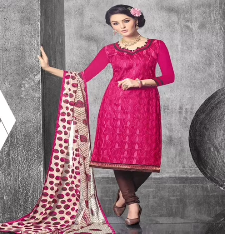 Hi-Fashion Pink & Brown With Cream Dupatta Embroidered Churidar Suit