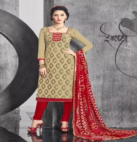 Hi-Fashion Beige & Red Embroidered Churidar Suit