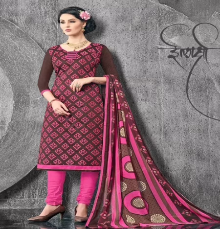 Hi-Fashion Brown & Pink Embroidered Churidar Suit