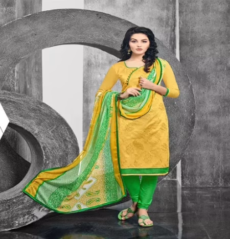 Hi-Fashion Yellow & Green Embroidered Churidar Suit