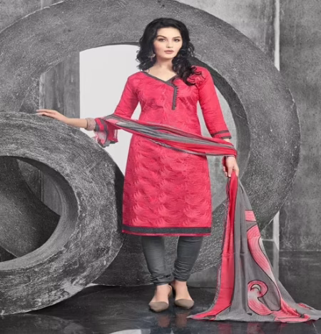 Hi-Fashion Red & Grey Embroidered Churidar Suit