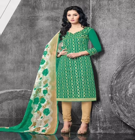 Hi-Fashion Green & Cream Embroidered Churidar Suit