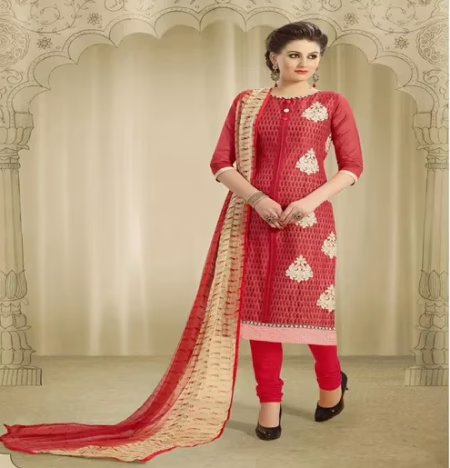 Hi-Fashion Red Embroidered Chanderi Straight Suit