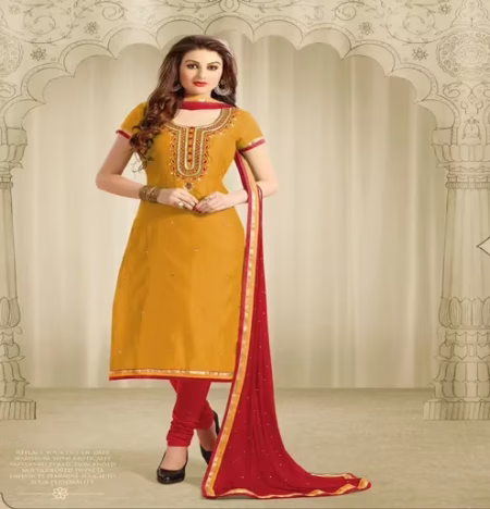 Hi-Fashion Mustard & Red Embroidered Chanderi Straight Suit