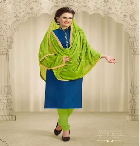 Hi-Fashion Blue & Green Embroidered Chanderi Straight Suit