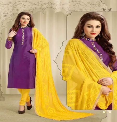 Hi-Fashion Violet & Yellow Embroidered Chanderi Straight Suit
